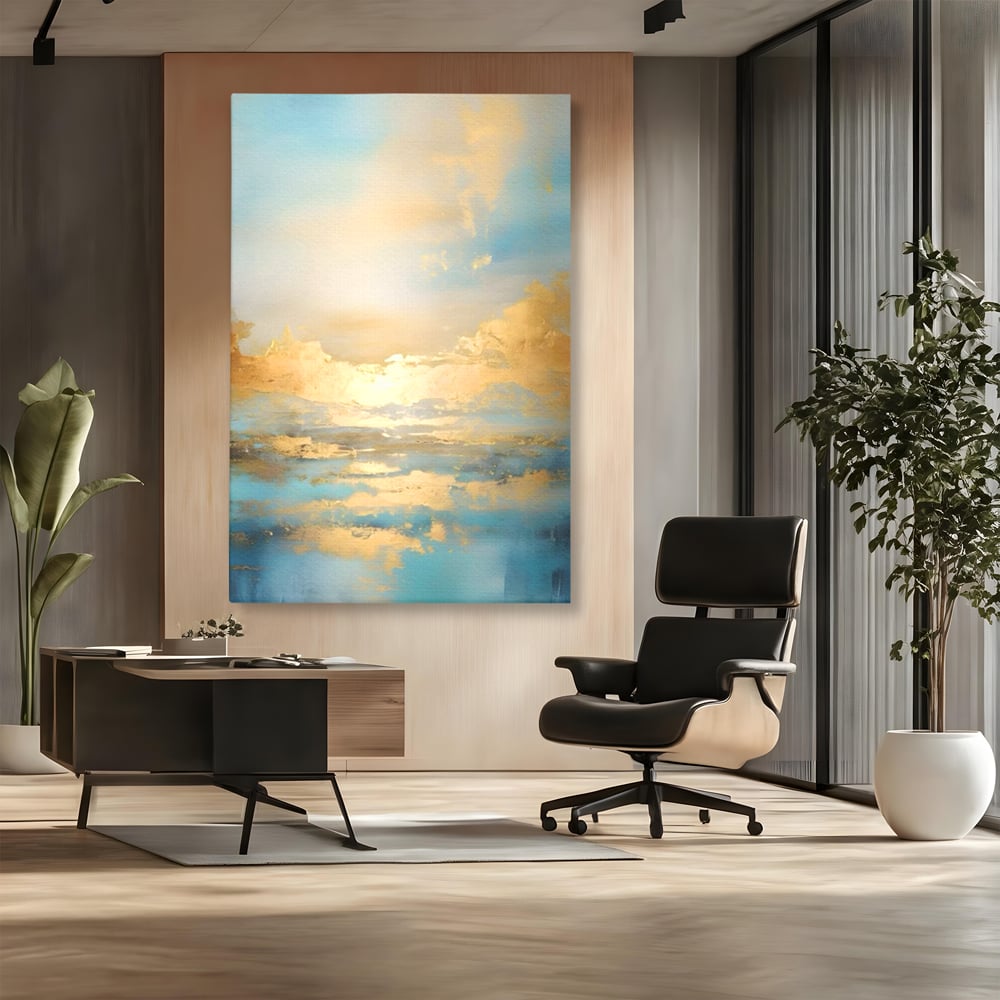 Tablou canvas cu tablou canvas cu peisaj marin abstract, fara rama, pe sasiu de lemn, pe perete intr-un birou